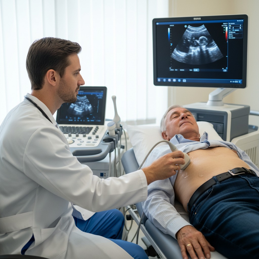 Lekarz wykonuje badanie ultrasonograficzne jamy brzusznej u leżącego pacjenta w gabinecie lekarskim.
