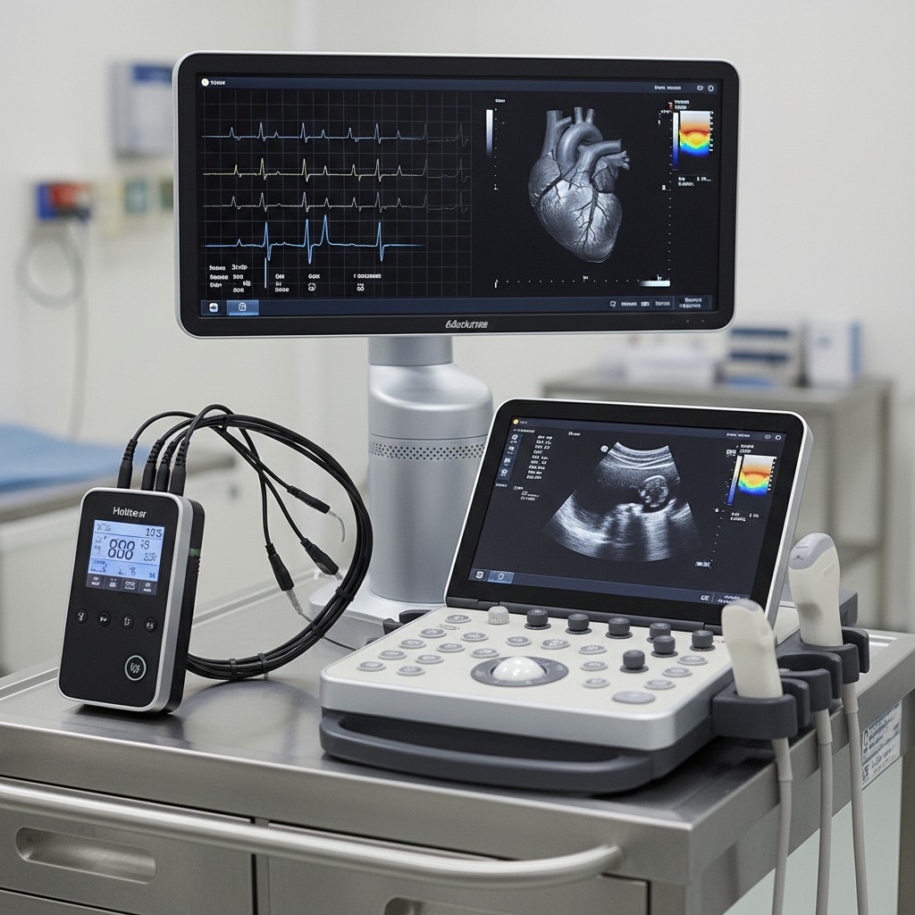 Nowoczesny aparat ultrasonograficzny z monitorem wyświetlającym obraz serca oraz przenośny rejestrator EKG typu Holter na metalowym wózku medycznym.