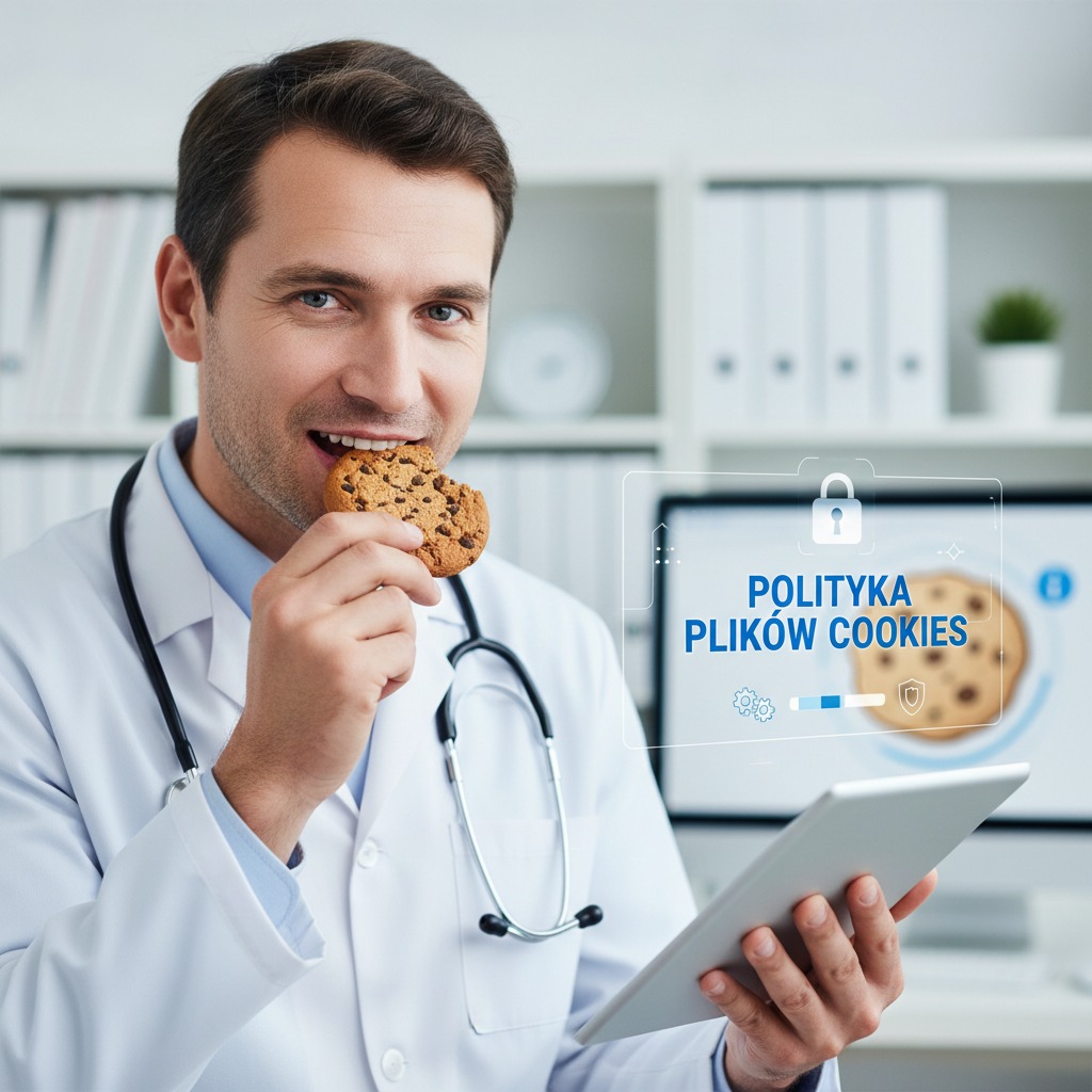 Lekarz w białym fartuchu je ciastko, trzymając tablet z wyświetlonym napisem „Polityka plików cookies”.